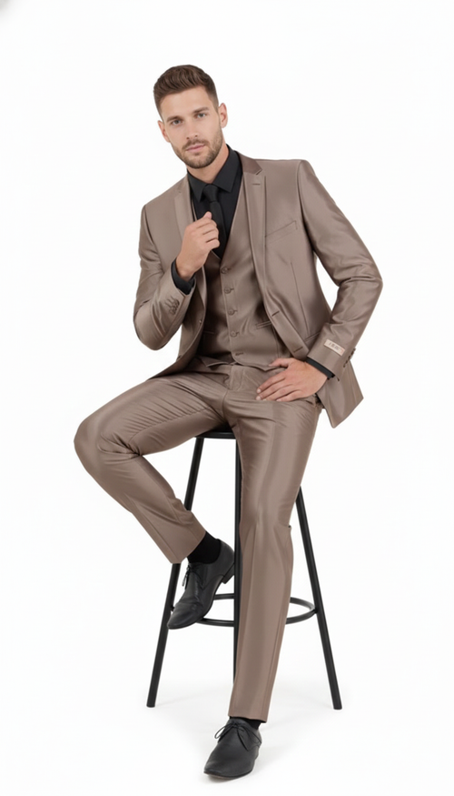 Men's metallic three-piece suit in mocca taupe with gold/bronze sheen. Includes fitted jacket (notched lapel), vest (button-front), & straight-cut pants. Worn with a black shirt.
