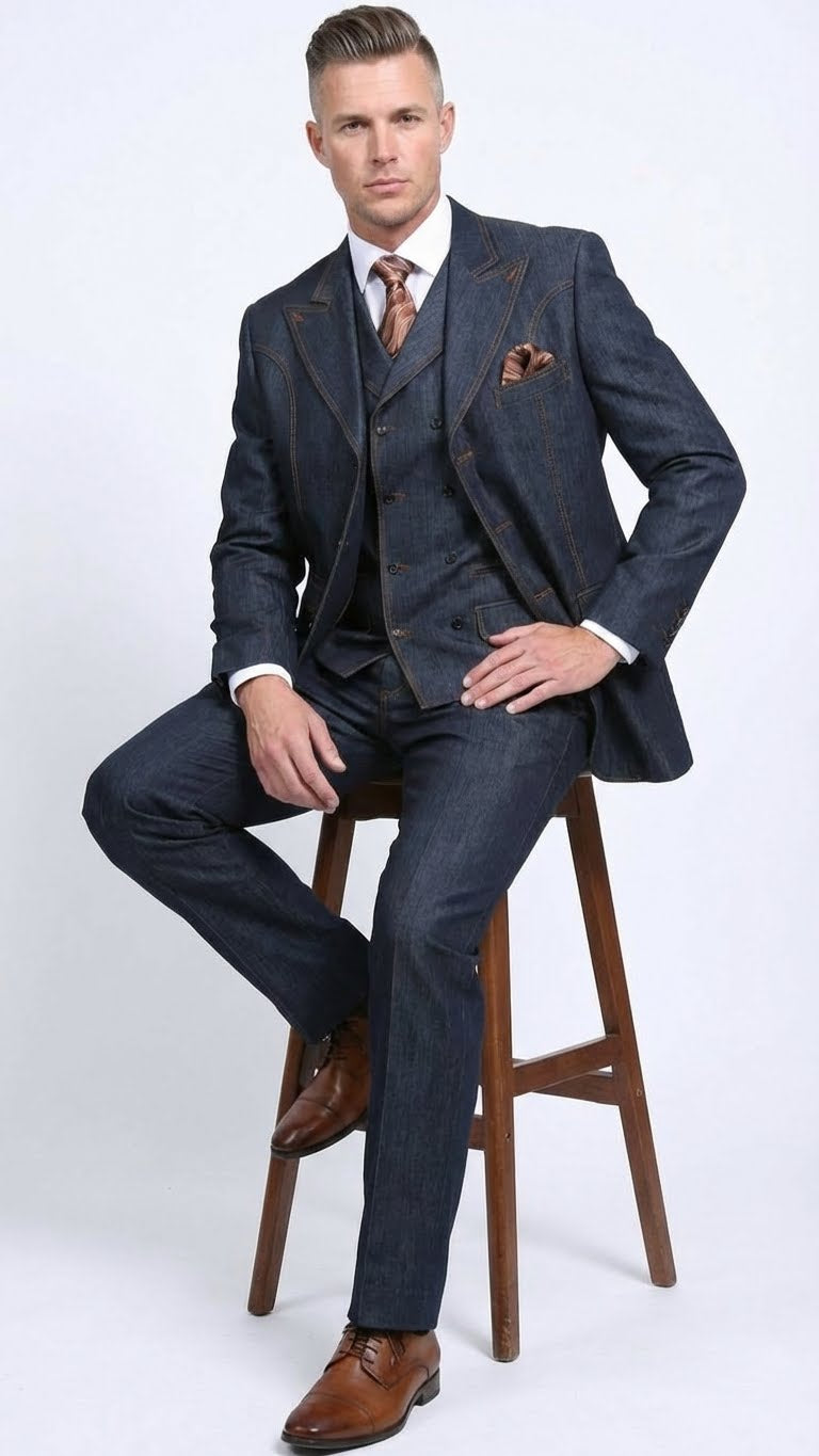 Mens Dark Denim Blue Fabric Suit Classic Three Piece Denim Suit for Wedding, Party and Formal Events