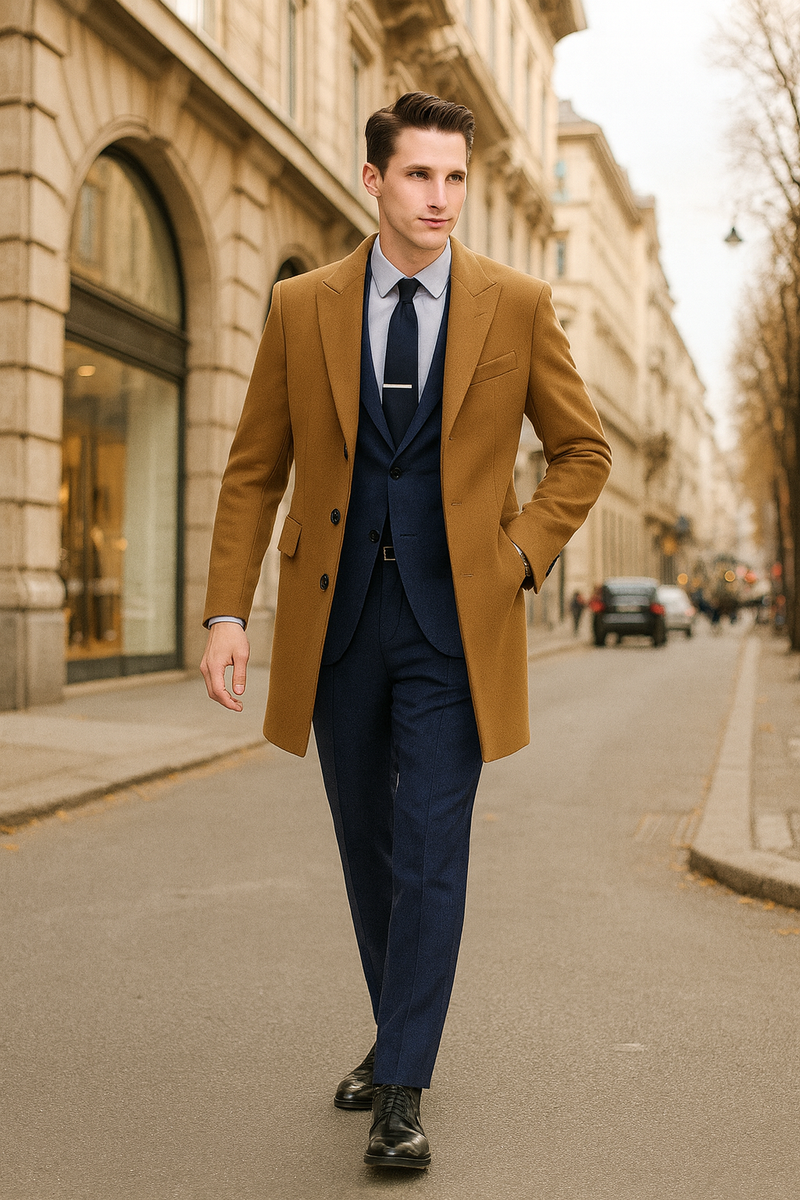 Men's camel brown wool overcoat. Tailored, single-breasted, notched lapels. Two pockets. Smooth, warm fabric. Classic and elegant design.
