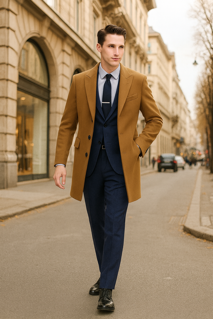 Men's camel brown wool overcoat. Tailored, single-breasted, notched lapels. Two pockets. Smooth, warm fabric. Classic and elegant design.
