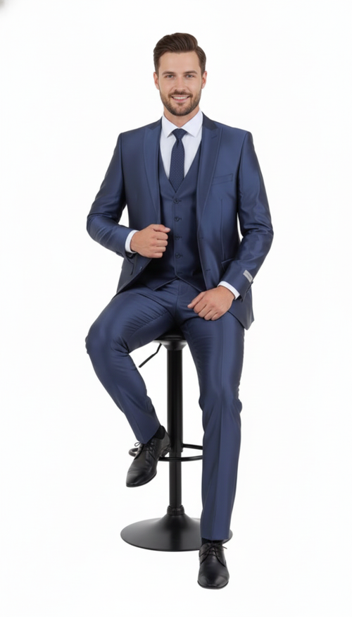 Navy blue men's 3-piece suit with a shiny finish. Includes blazer, waistcoat, and trousers. Features a smooth, glossy fabric, structured design, and precise tailoring.