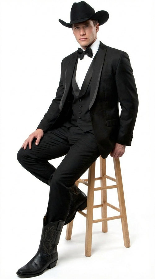Black Western Tuxedo for Men | Classic Three Piece Formal Wedding Peak Lapel with Trim Collar Cowboy Suit