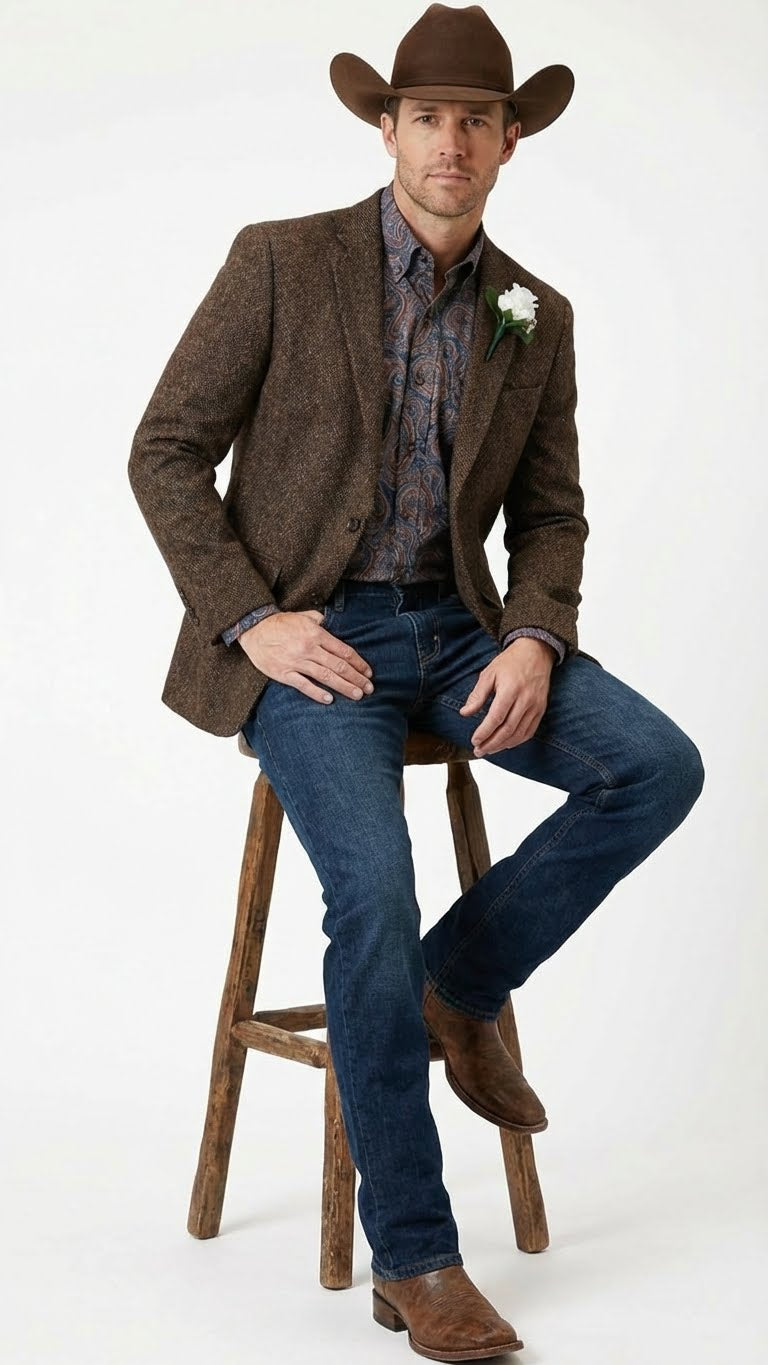 Mens Brown Western Tweed Herringbone Blazer Jacket Classic Cowboy Style Sport Coat for Wedding Party