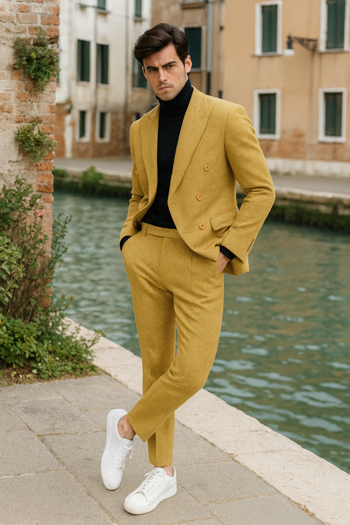 Alberto Nardoni men's gold double-breasted suit: structured blazer, fitted silhouette, textured fabric. Coordinated trousers, tapered. Paired with black turtleneck, white sneakers for contrast.
