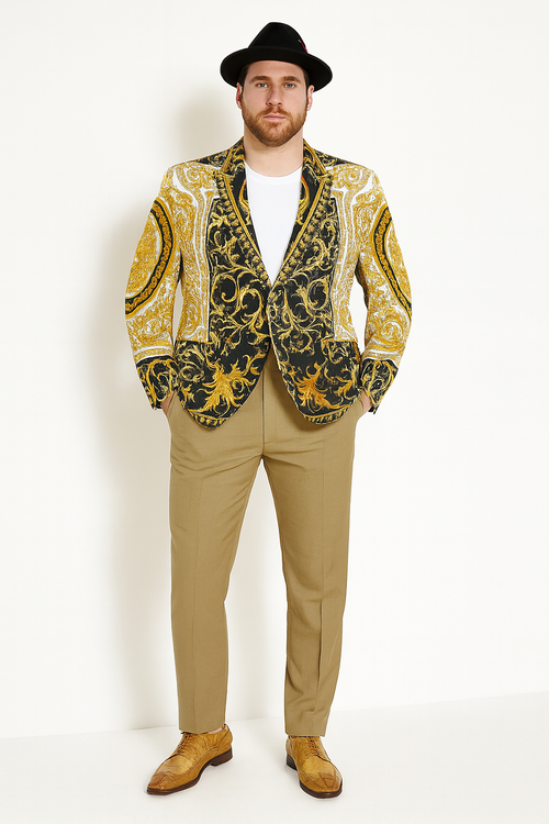 Men's black & gold baroque blazer with ornate pattern, beige pants, matching hat, and brown shoes. A stylish, detailed ensemble.

