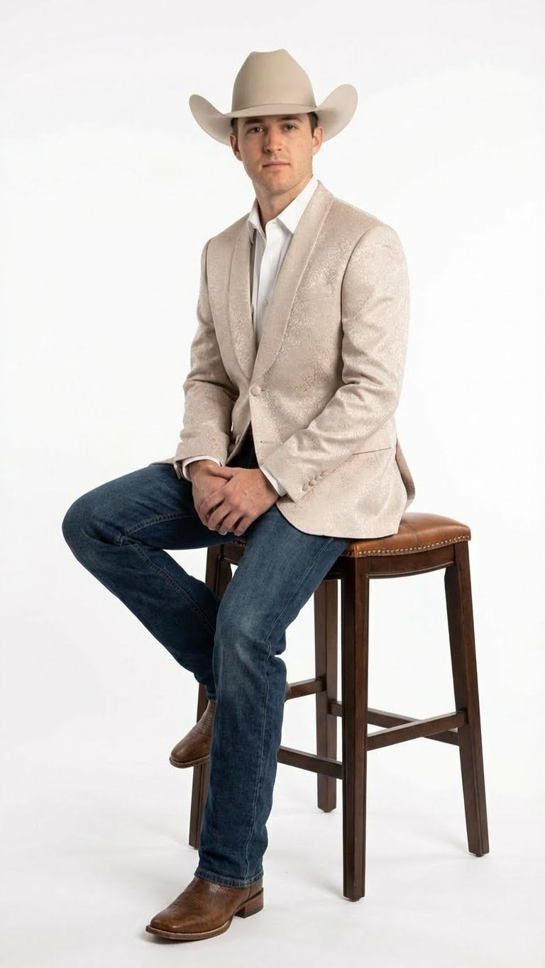 Menâ€™s Tan Khaki Beige Cream Champaign Paisley Western Blazer Jacket, Embossed Dress Sport Coat for Wedding Party Rodeo Style