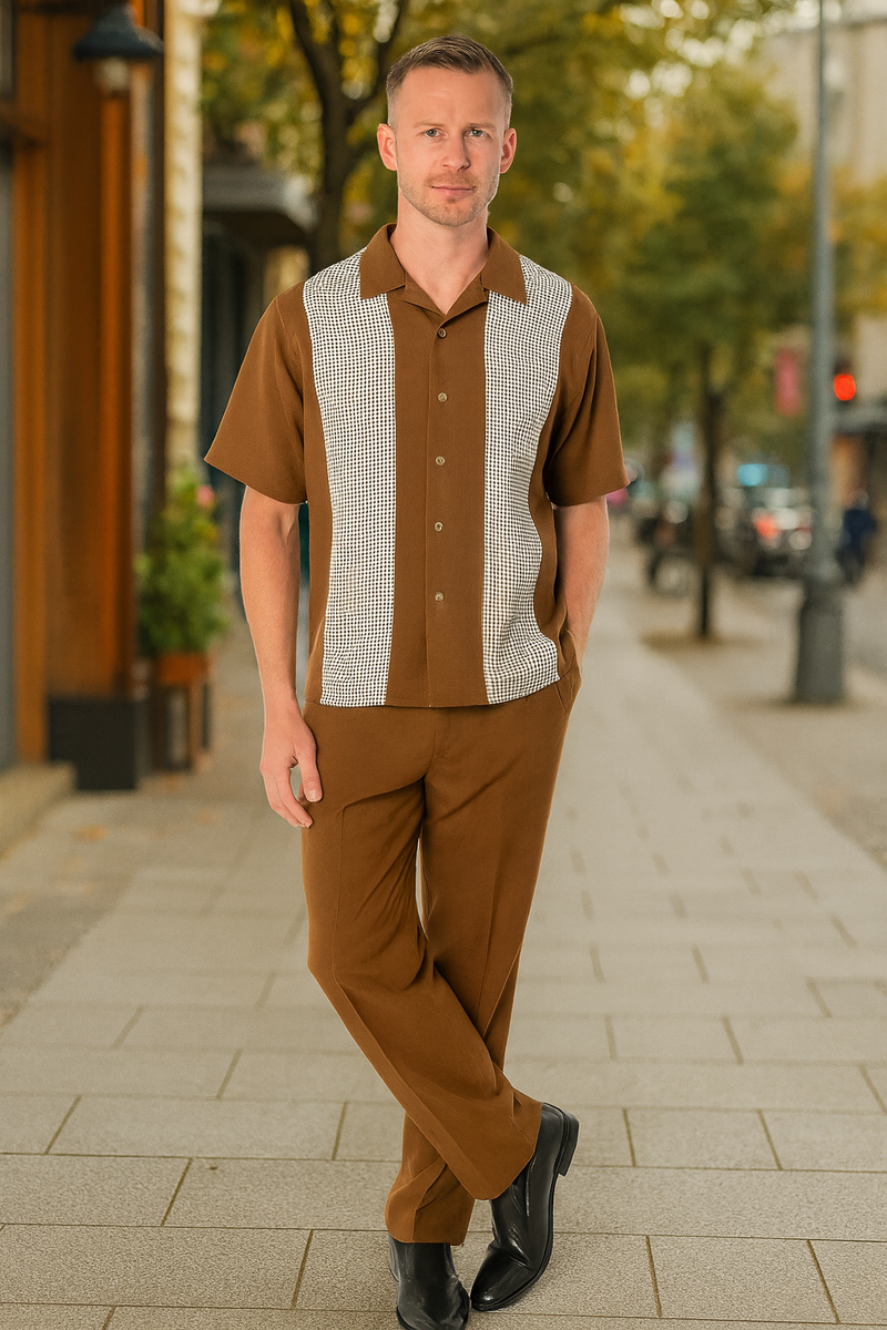 Men's cognac tan two-piece outfit: short-sleeve button-up shirt with solid color & striped chest, matching straight-leg pants. Lightweight, relaxed fit, perfect for warm weather.
