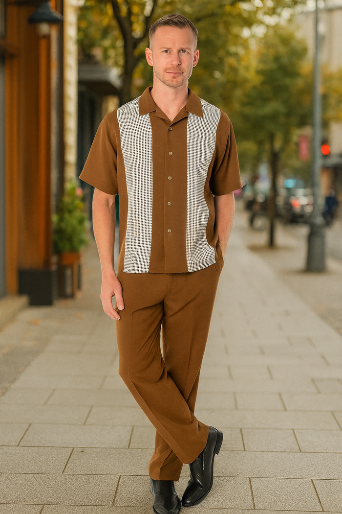 Men's cognac tan two-piece outfit: short-sleeve button-up shirt with solid color & striped chest, matching straight-leg pants. Lightweight, relaxed fit, perfect for warm weather.
