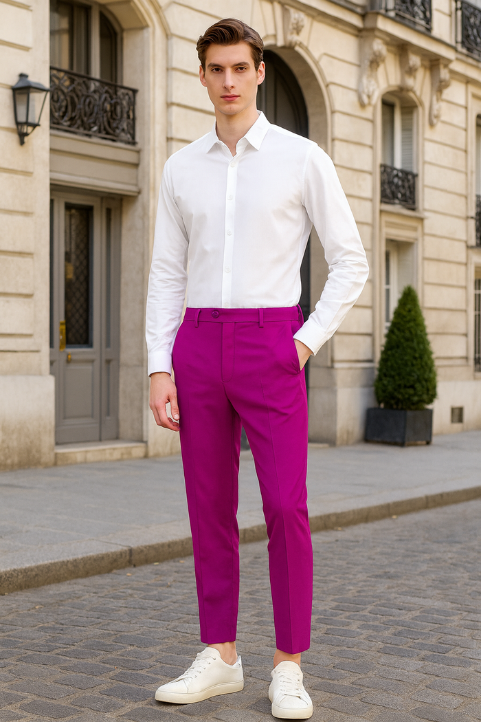 Men's slim-fit fuchsia dress pants. Tailored lines, smooth fabric. Flat front, front pockets. Hot pink color for a vibrant look.
