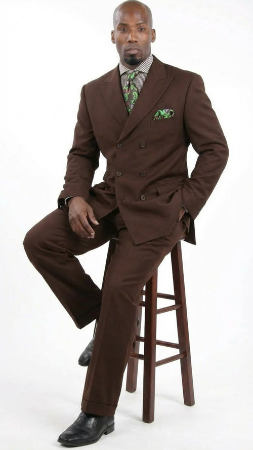 Men’s 6 on 3 Style Brown Double Breasted Suit with Wide Leg Pleated Pants, Classic Formal 2 Piece Dress Suit Set