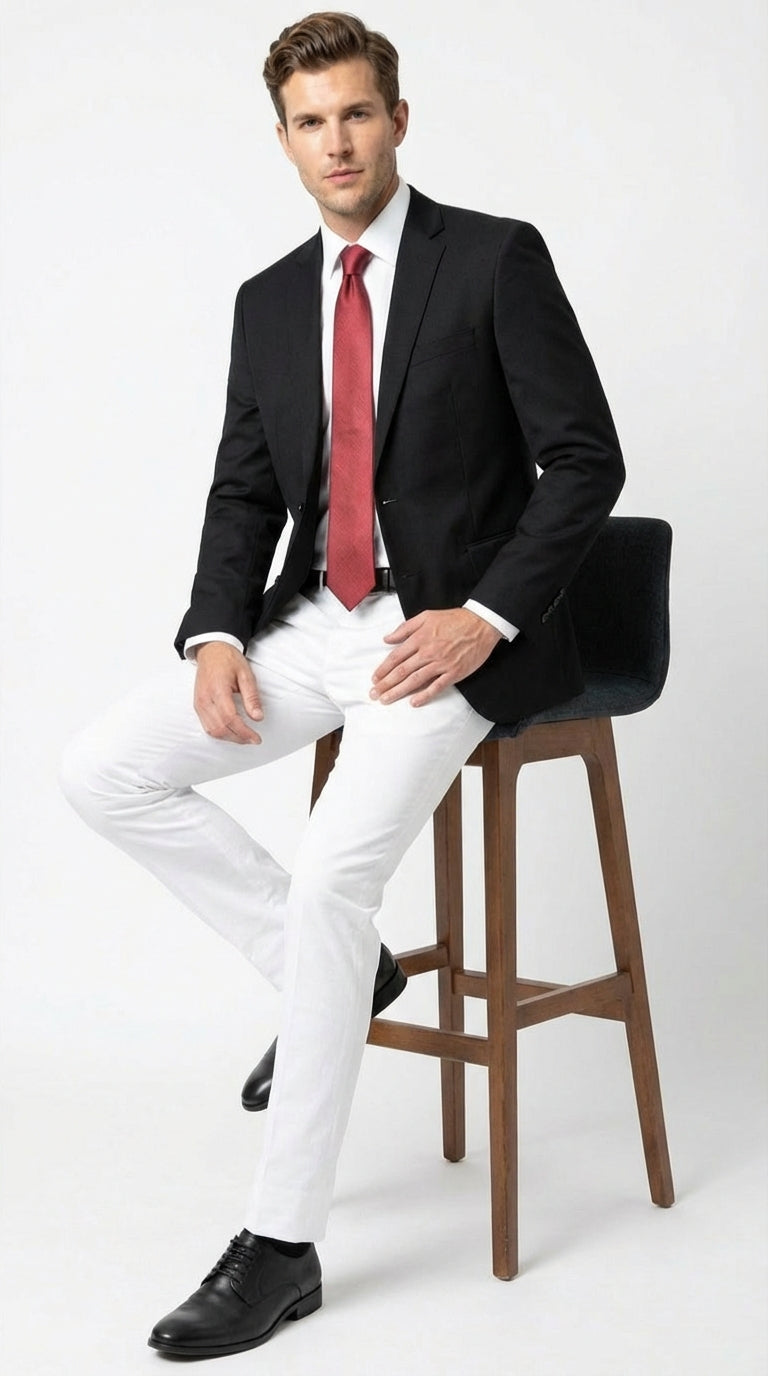Mens Solid Black Two Button Suit Jacket Blazer With White Pants | Black Blazer Sport Coat