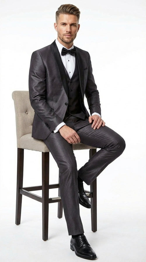 Menâ€™s Shiny Sateen Charcoal Gray Tuxedo 3 Piece Suit with Black Shawl Lapel | Formal Wedding Prom Suit Sharkskin