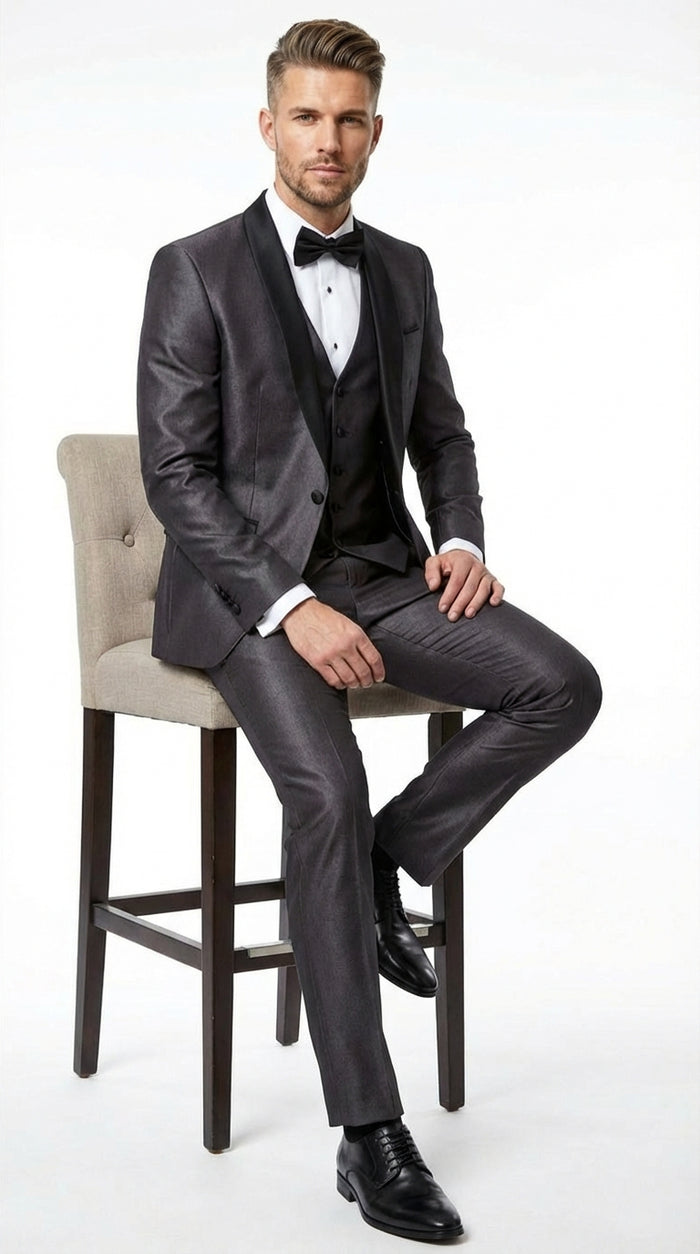 Mens Shiny Sateen Charcoal Gray Tuxedo 3 Piece Suit with Black Shawl Lapel | Formal Wedding Prom Suit Sharkskin
