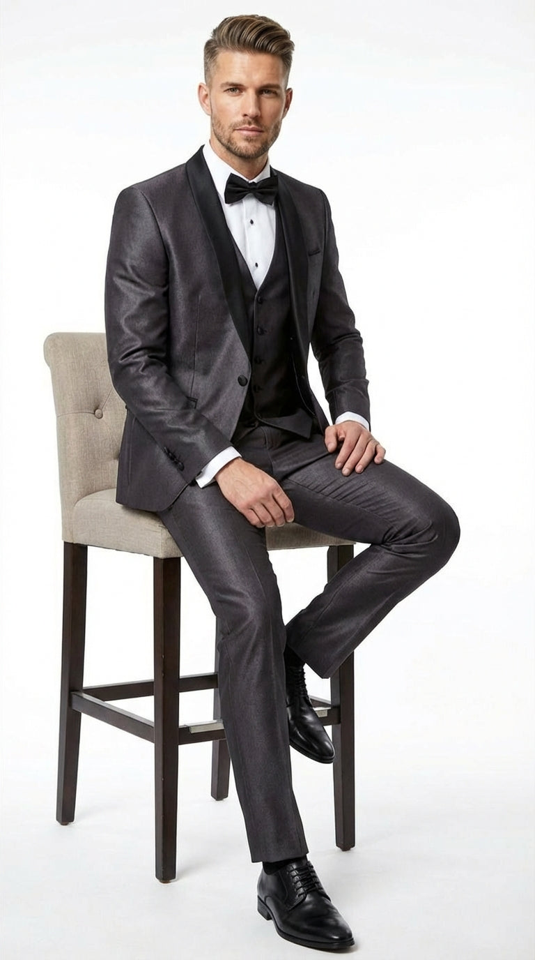 Menâ€™s Shiny Sateen Charcoal Gray Tuxedo 3 Piece Suit with Black Shawl Lapel | Formal Wedding Prom Suit Sharkskin