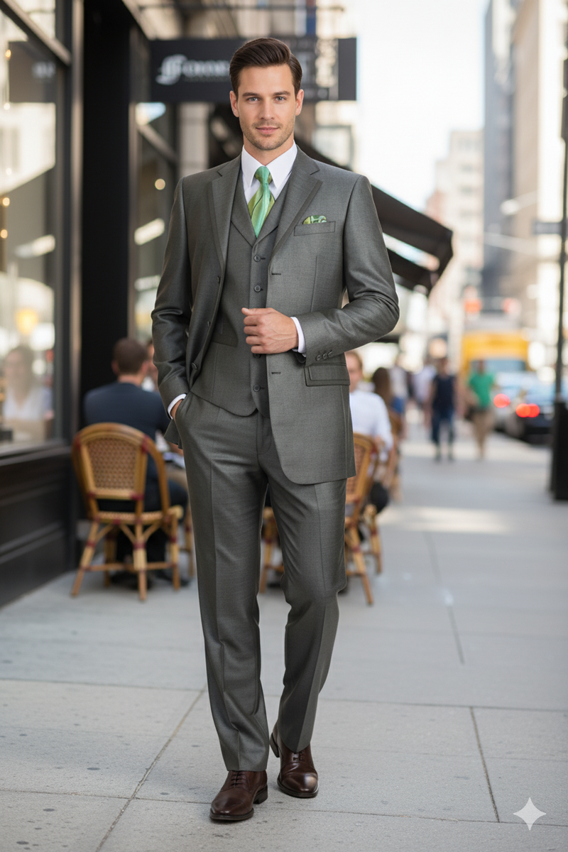 Olive green three-piece men's suit. Classic fit with vest and tie. Pleated pants, three-button jacket. A timeless, sophisticated look.
