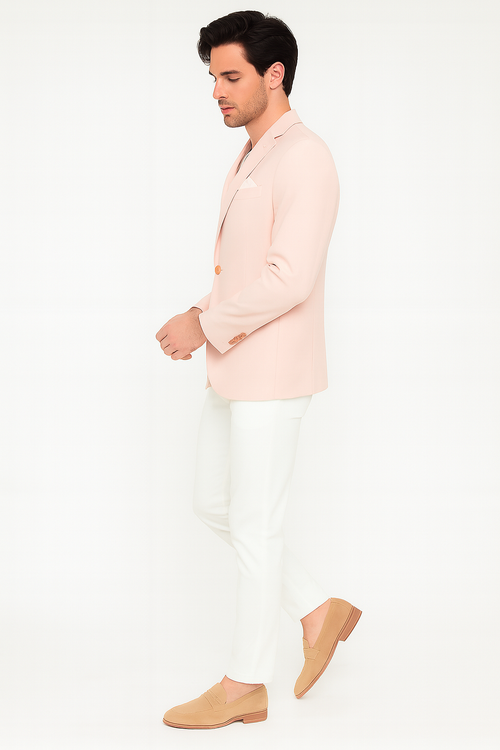 Men's blush pink slim fit blazer. Two-button closure, notch lapel. Smooth, lightweight fabric. Structured shoulders. A stylish and sophisticated choice.
