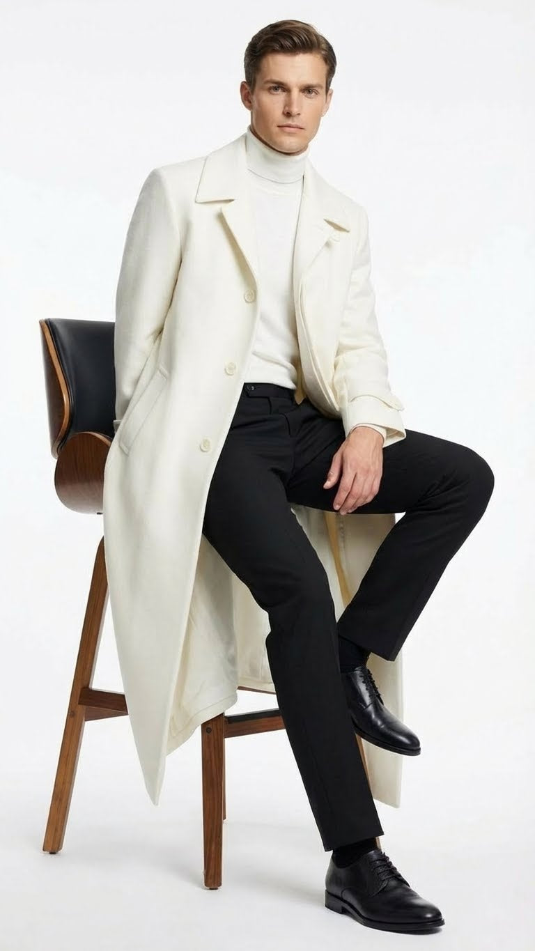 Mens Off-White Long Trench Coat – Overcoat with Classic Clean