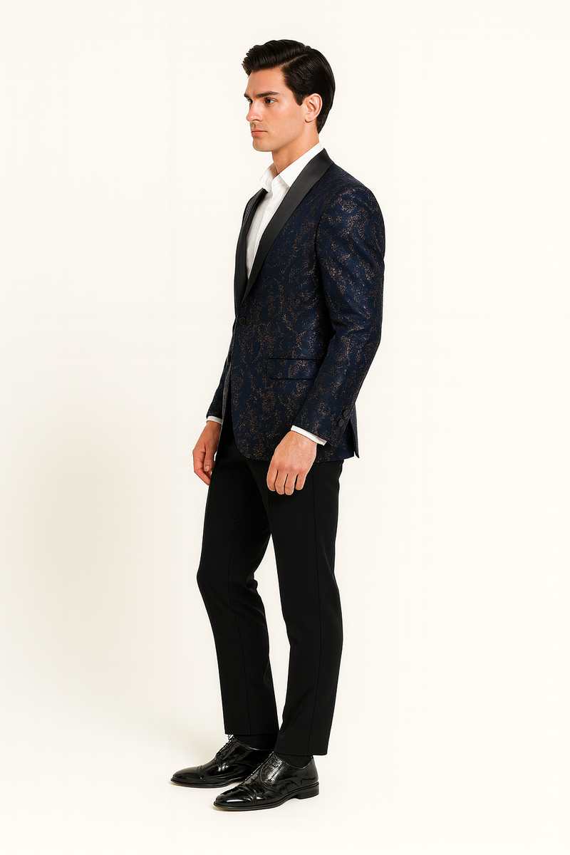Navy sequin tuxedo jacket with black satin lapel and single-button closure. Fitted silhouette, side pockets, and shimmering navy sequin fabric for a formal, textured look.
