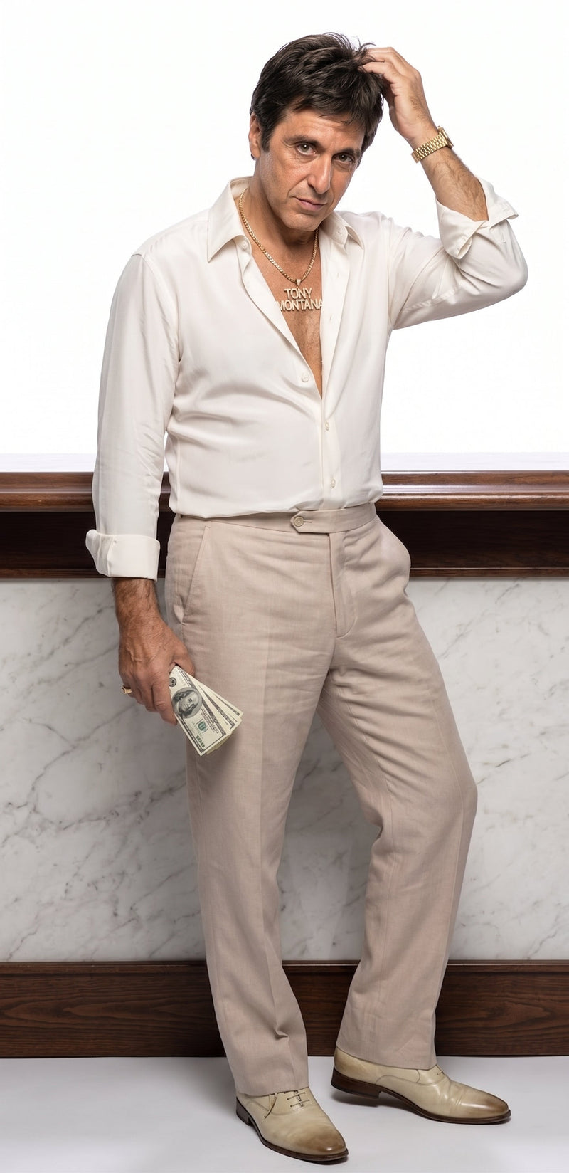 Tony Montana’s White Linen Shirt and Tan Pants – Men’s White Formal Shirt with Tan Trousers for Party, Wedding and Vintage Style Outfit