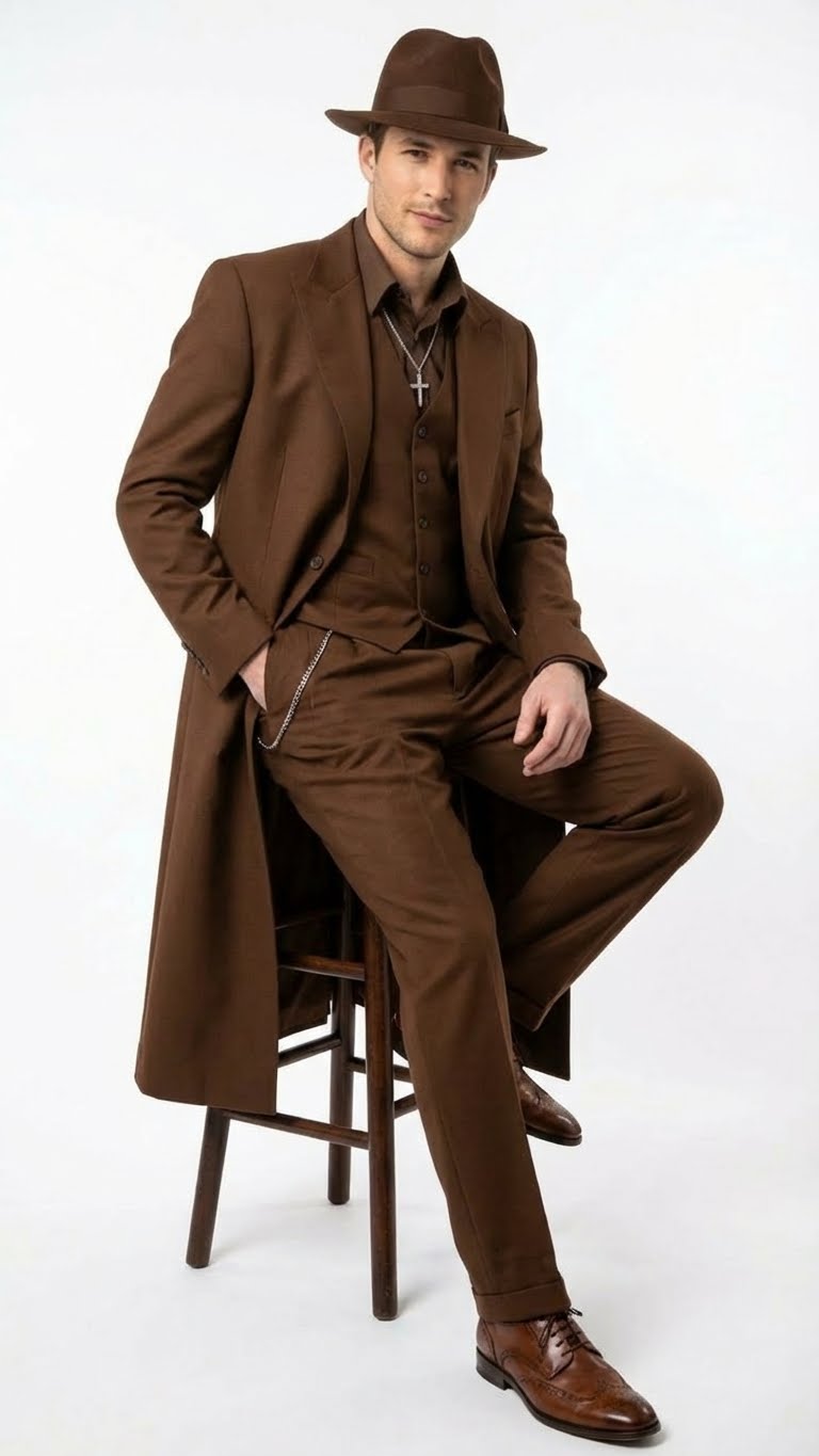 Alberto Nardoni men's 1920s-style zoot suit: textured brown three-piece (coat, vest, trousers). Features wide lapels, tailored fit, loose trousers, and matching hat/shoes. Classic vintage look.