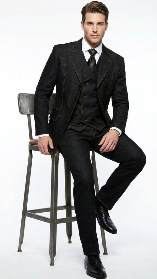 Men's Black Denim Fabric Suit – Classic Three Piece Denim Suit for Wedding, Prom and Church Wear