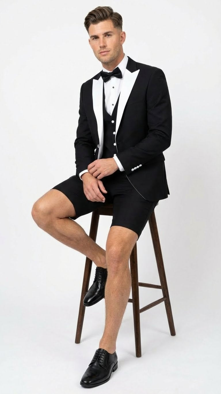 Menâ€™s Black and White Tuxedo Shorts Suit â€“ Modern Formal Tuxedo with Short Pants for Wedding, Party and Special Events