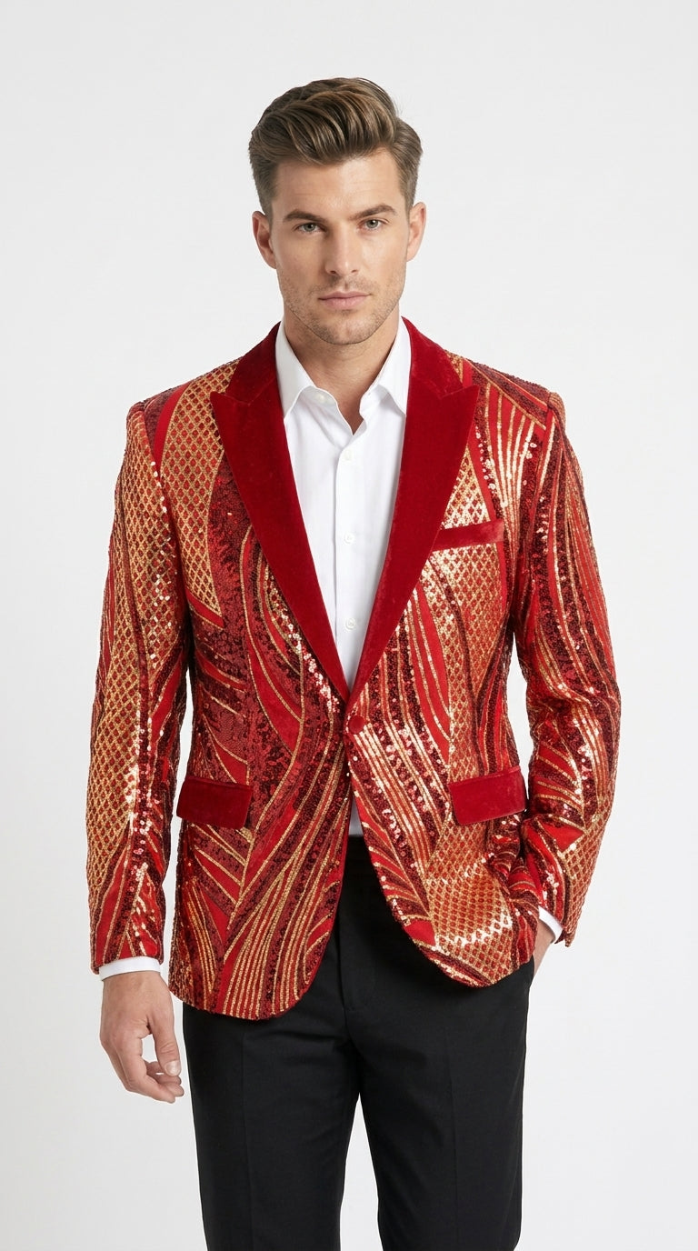 Men’s Red and Gold Sequin Christmas Holiday Blazer – Luxury Party Jacket for New Year, Wedding and Festive Events