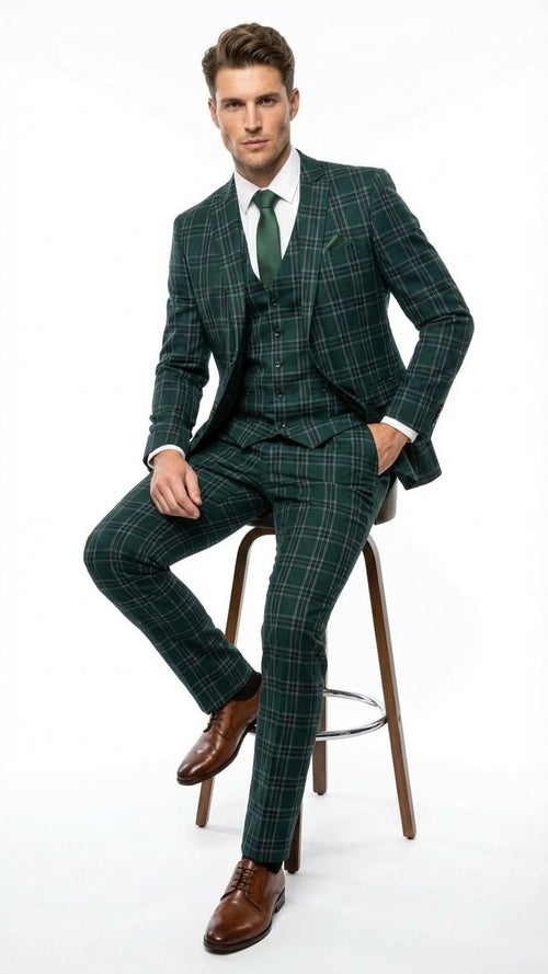 Men's Dark Green Plaid 3 Piece Suit – Checkered Suit Set for Wedding, Windowpane Tartan Fabric - Ultra Slim Fit