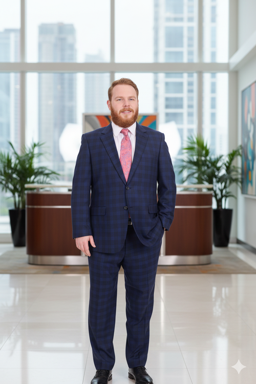 Mix And Match Suits Men's Plaid Pattern Portly Fit Blue Two Button Fully Lined Suit Executive Fit Suit - Mens Portly Suit