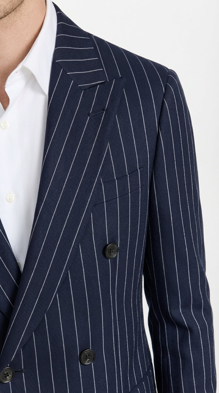 Mens Navy Blue Pinstripe Double Breasted Blazer Sport Coat – Classic Formal Business Jacket for Party and Smart Casual Wear