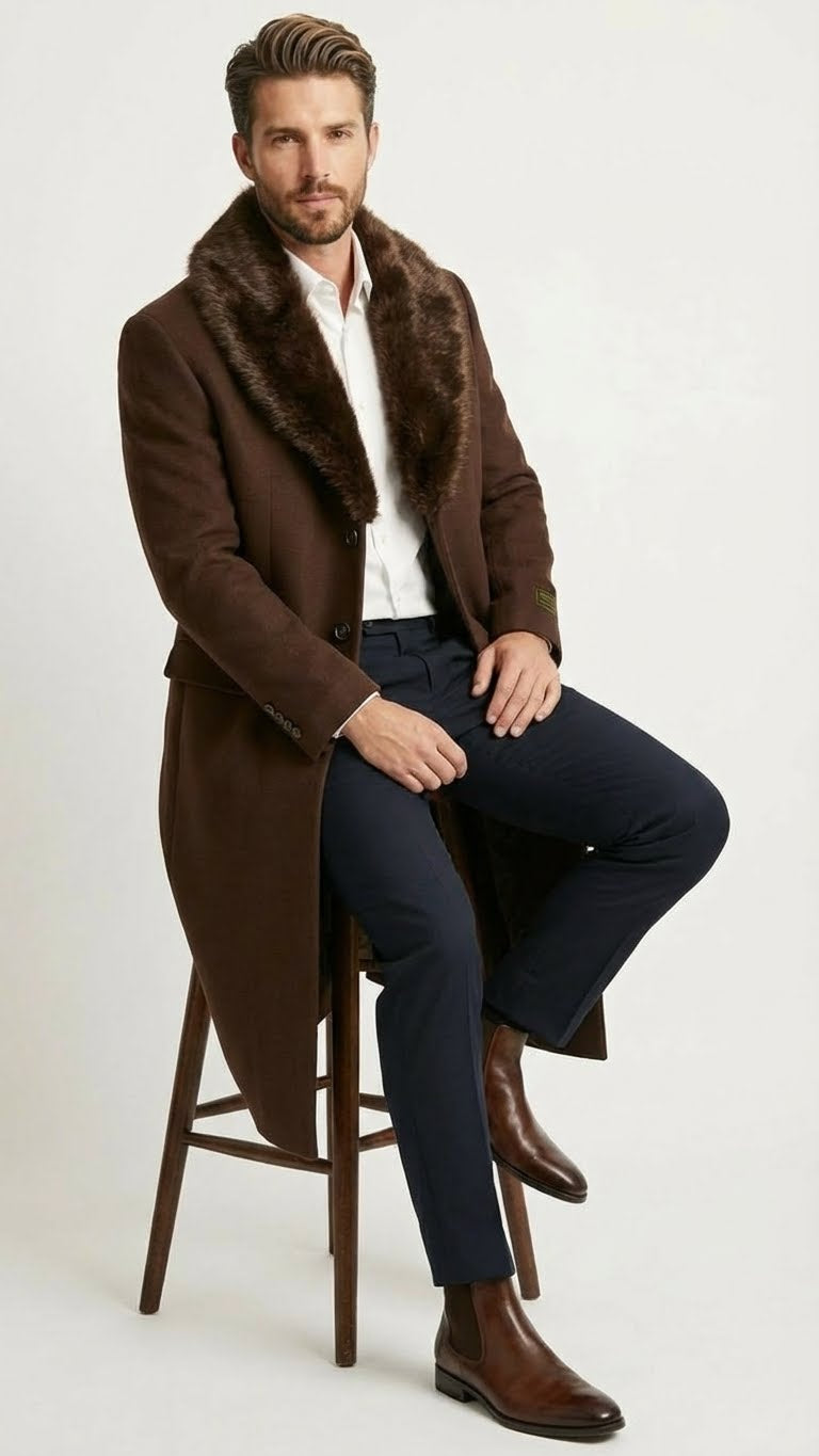 Men's brown long overcoat with faux fur collar, straight silhouette, and buttoned front. Tailored fit, long sleeves, extending below waist. Rich brown color, textured contrast.
