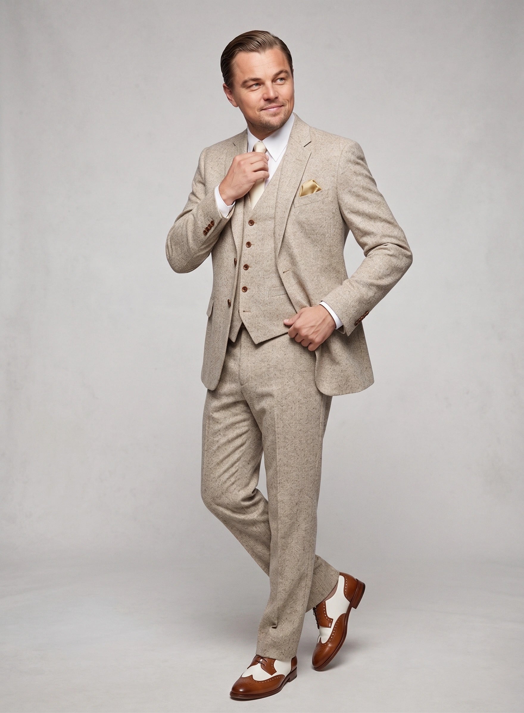 Men’s Light Tan Tweed Great Gatsby 3 Piece Suit – Vintage Vested Wedding Suit, 1920s Classic Formal Outfit Herringbone