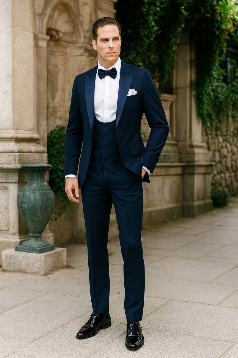 Navy tuxedo with satin peak lapel. Includes a matching three-piece suit (vest, bow tie). Fitted silhouette, tailored for a sharp, formal look.
