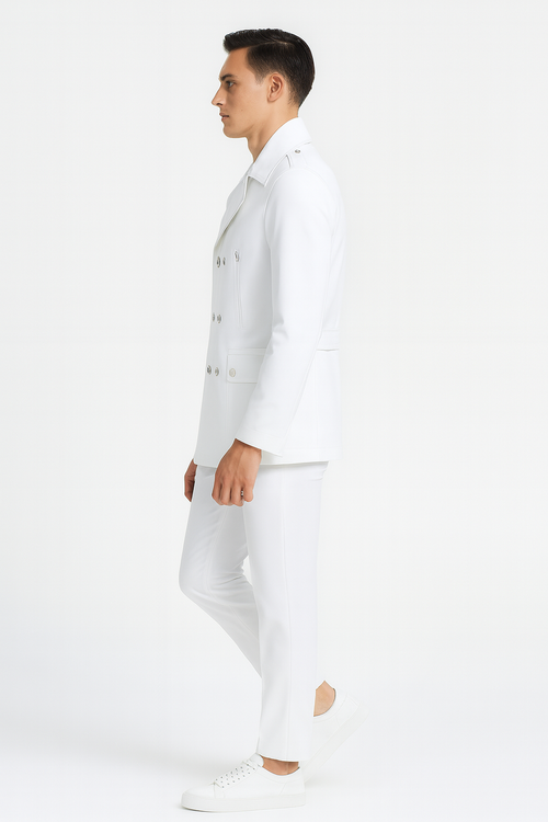 Men's white double-breasted peacoat. Slim fit, structured collar, button detailing, and smooth wool fabric. Tailored for a sleek silhouette.
