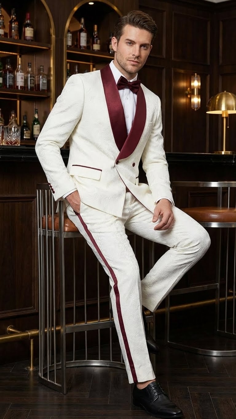 Ivory jacquard tuxedo suit with burgundy shawl collar and patterned fabric. Slim-fit jacket: double buttons, single pocket. Ivory pants with burgundy side stripes.

