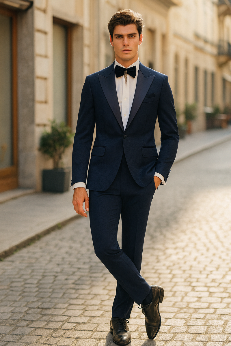 Navy tuxedo for men. Features a satin peak lapel and a matching two-piece suit with a smooth, tailored fit. Classic and elegant formal wear.
