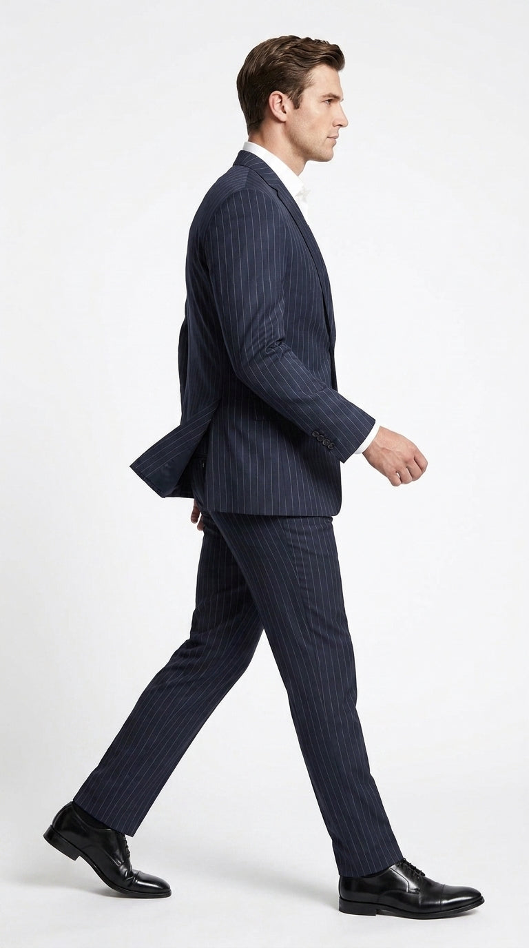 Men’s Patrick Bateman Inspired Navy Pinstripe Suit – American Psycho 1980s Business Style 2 Piece Suit