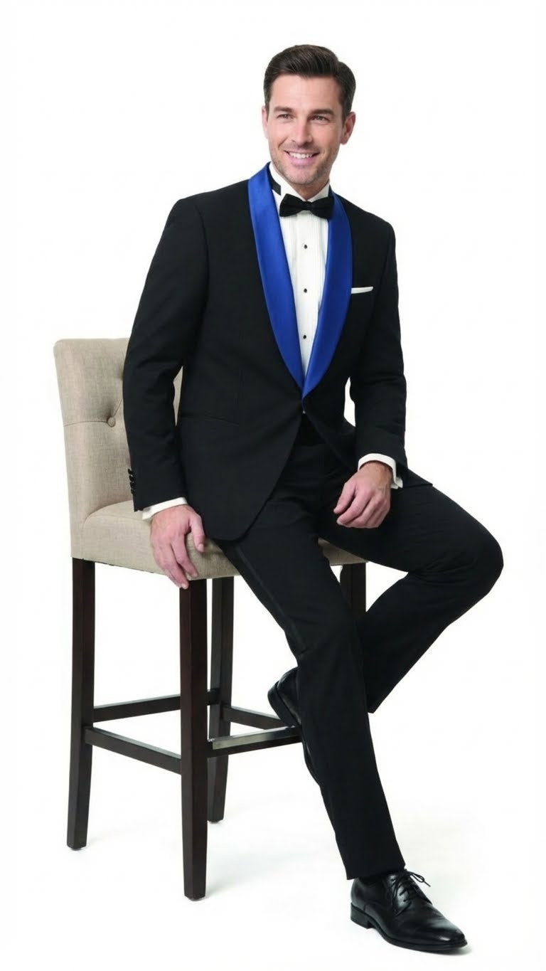 Men's black tuxedo with royal blue shawl lapel. Solid black fabric, smooth finish. Includes white dress shirt, black bow tie, tailored trousers, and black dress shoes.

