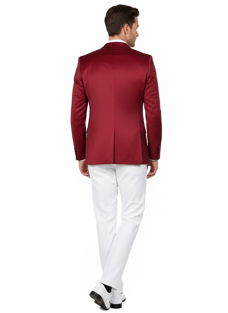 Premium burgundy satin slim-fit men's blazer. Smooth, structured, tailored shape with single rear vent. Uniform maroon wine color, sleek, shiny finish. Long sleeves, no patterns. Elegant for formal wear.
