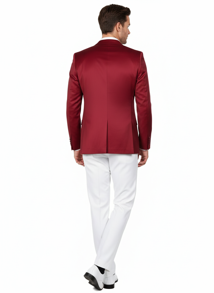 Premium burgundy satin slim-fit men's blazer. Smooth, structured, tailored shape with single rear vent. Uniform maroon wine color, sleek, shiny finish. Long sleeves, no patterns. Elegant for formal wear.
