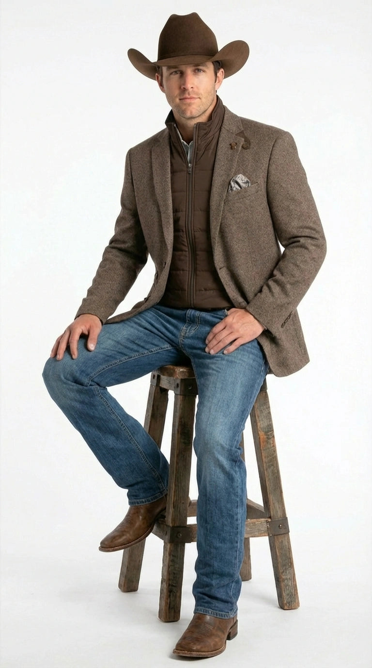 Men’s Brown Herringbone Tweed Cowboy Western Blazer – Classic Country Sport Coat Jacket for Ranch Wear,  Cowboy Jacket