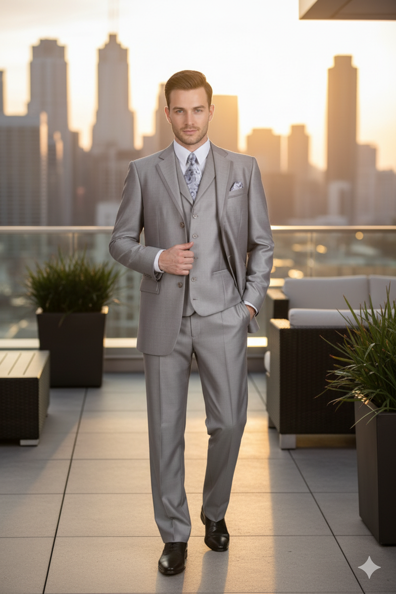 Men's light gray three-piece modern fit suit. Includes a tailored jacket with notched lapel, matching trousers, and a fitted vest with button closures. Smooth, structured fabric with a slight sheen.
