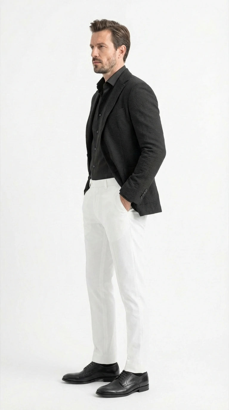 Men’s Black Seersucker Blazer – Textured Two-Button Notch Lapel Formal & Summer Sport Jacket in Black Tone-on-Tone Cotton Fabric