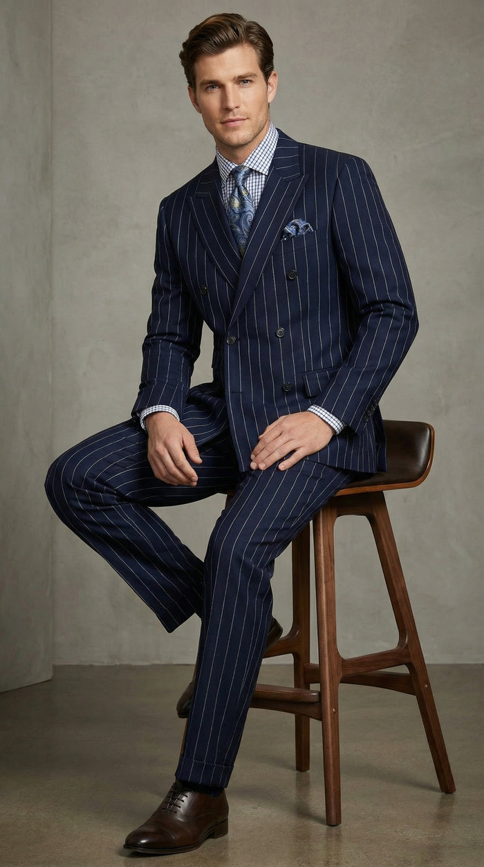 Men's Navy Blue Double Breasted Pinstripe Suit – Modern Fit