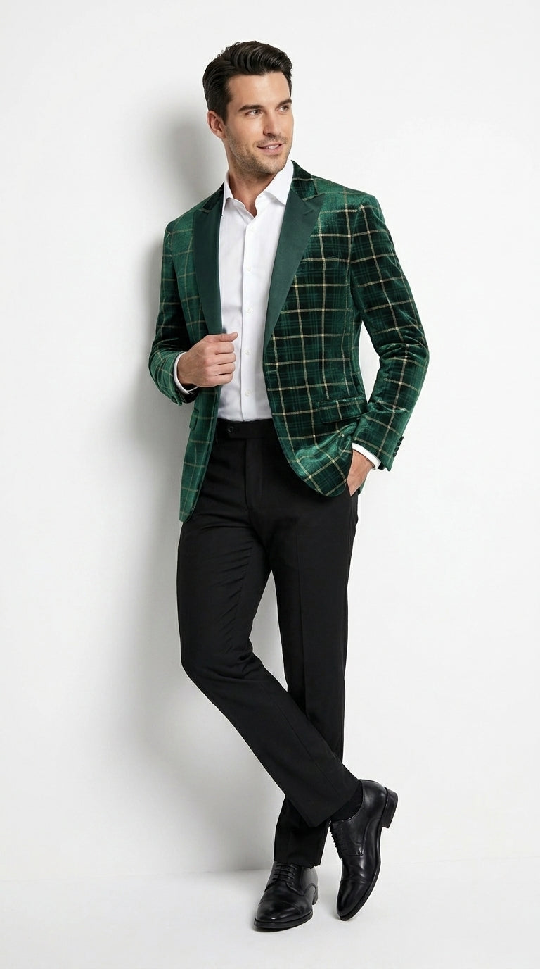 Men’s Green and Gold Plaid Christmas Holiday Blazer – Classic Check Party Jacket for New Year, Wedding and Festive New Year event