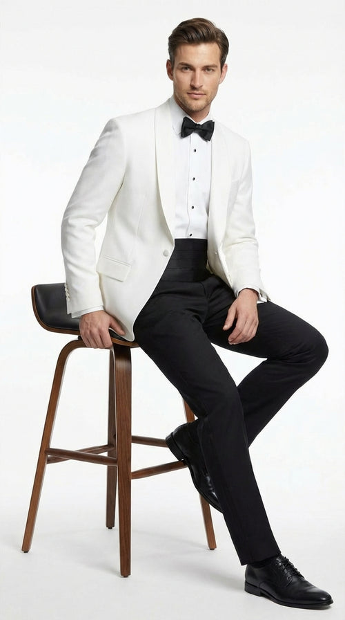 Men's White Dinner Jacket Tuxedo Blazer with Black Satin Shawl Lapel  With Black Tuxedo Pants