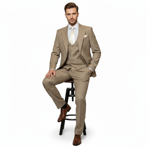 Beige pinstripe three-piece men's suit: fitted jacket with notched lapel, V-neck waistcoat, slim-fit trousers. Vertical pinstripes, light beige color. Smooth fabric, likely wool blend. Tailored silhouette.
