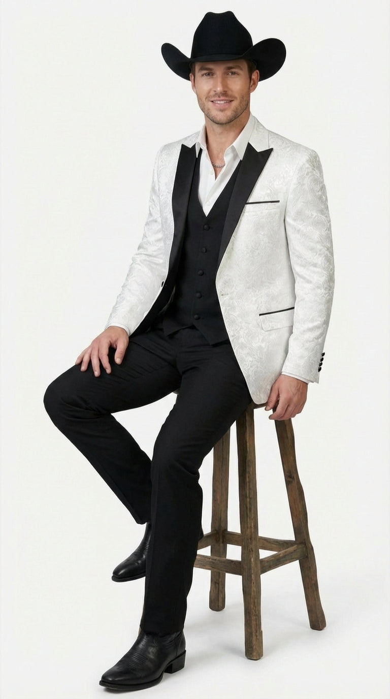 Men’s White Paisley Cowboy Tuxedo with Black Satin Lapel – Western Formal Wedding Suit Jacket