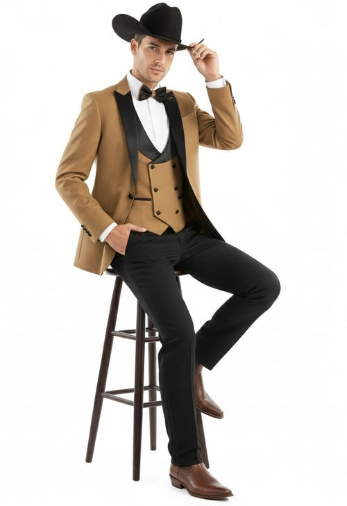 Tan & black men's cowboy tuxedo. Three-piece suit: tailored pants, satin lapel, mocca vest. Includes white shirt & black bow tie.
