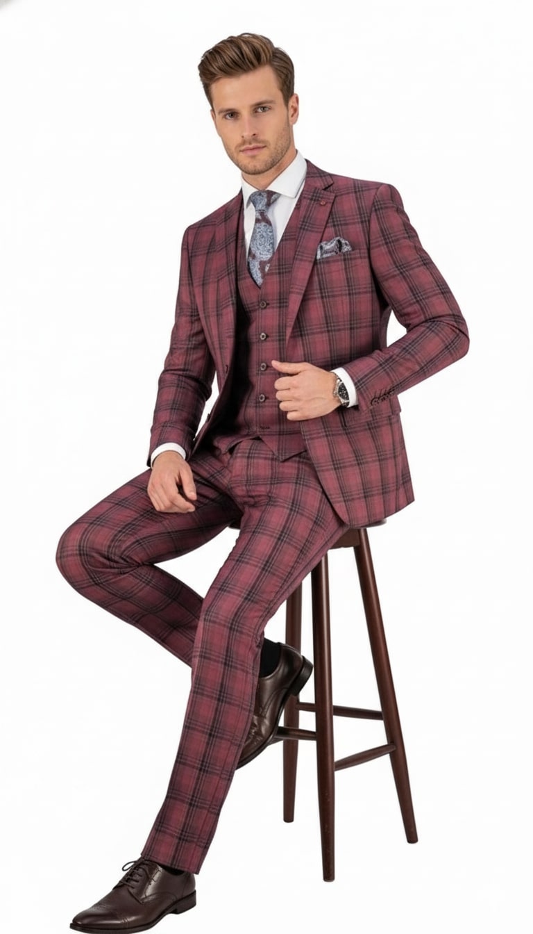 Men's three-piece suit in a burgundy plaid. Modern fit with a checkered design. Includes jacket, vest, & trousers. Smooth, woven fabric with dark & light red tones. Notched lapel, tailored trousers.
